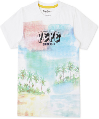 Pepe Jeans Boys Typography, Printed Pure Cotton Regular T Shirt(White, Pack of 1)