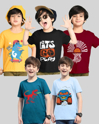 AUSK Boys Printed Cotton Blend Regular T Shirt(Black, Dark Blue, Pack of 5)