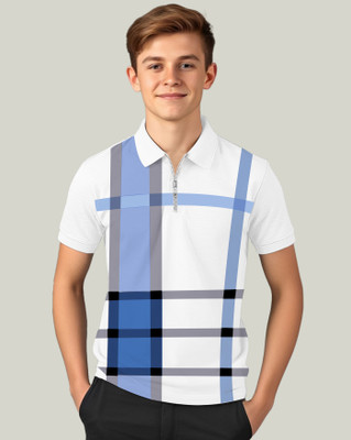 AUSK Boys Checkered Cotton Blend Regular T Shirt(Blue, White, Pack of 1)