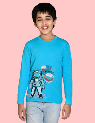 Nusyl Boys Printed Cotton Blend Regular T Shirt(Light Blue, Pack of 1)