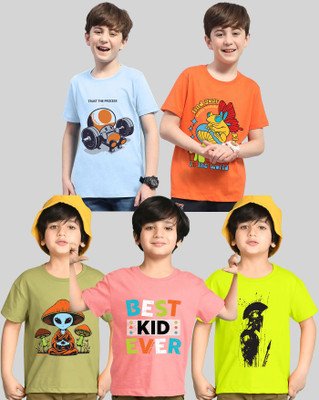 AUSK Boys Printed Cotton Blend Regular T Shirt(Multicolor, Pack of 5)
