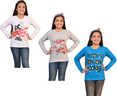 IndiWeaves Girls Printed Pure Cotton Regular T Shirt(Multicolor, Pack of 3)