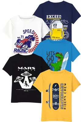 Hingula Baby Boys & Baby Girls Printed Cotton Blend Regular T Shirt(Multicolor, Pack of 5)