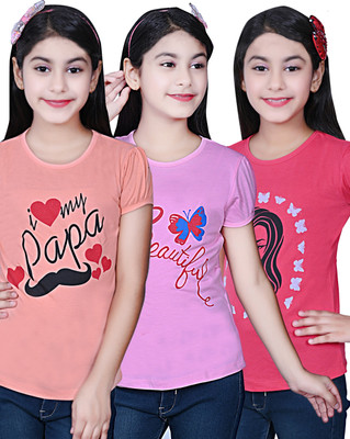 INDIA FASHION FAB Girls Typography Cotton Blend Regular T Shirt(Multicolor, Pack of 3)