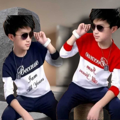 Panda Bear Boys Typography Cotton Blend Regular T Shirt(Blue, Red, Pack of 2)