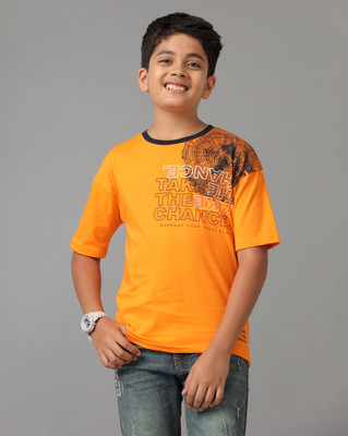 Under Fourteen Only Boys Printed Pure Cotton Regular T Shirt(Beige, Pack of 1)