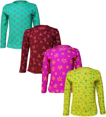 Eazy Trends Girls Printed Pure Cotton Regular T Shirt(Multicolor, Pack of 4)