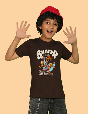Nusyl Boys Graphic Print Cotton Blend Regular T Shirt(Brown, Pack of 1)