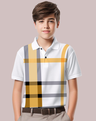 AUSK Boys Checkered Cotton Blend Regular T Shirt(Yellow, White, Pack of 1)