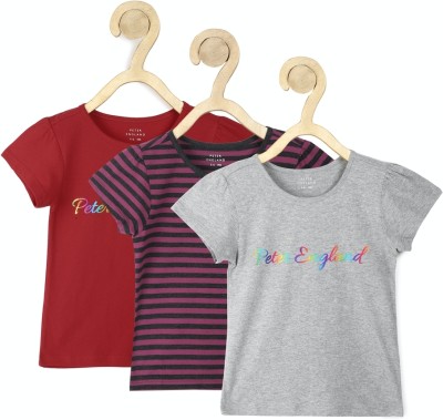 PETER ENGLAND Girls Graphic Print Pure Cotton T Shirt(Multicolor, Pack of 3)