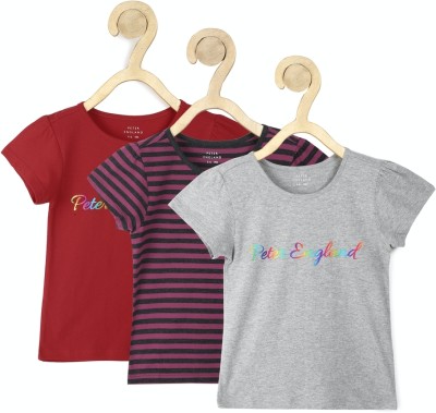 PETER ENGLAND Girls Graphic Print Pure Cotton Regular T Shirt(Multicolor, Pack of 3)