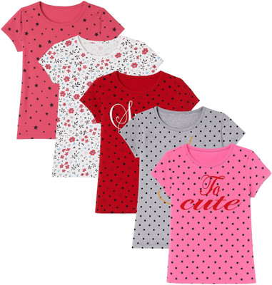EyeWater Girls Printed Cotton Blend Regular T Shirt(Red, Multicolor, Pack of 5)