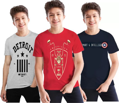 Gkidz Boys Typography Cotton Blend Regular T Shirt(Multicolor, Pack of 3)