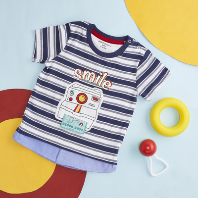 Pantaloons Baby Baby Boys Typography, Striped Pure Cotton Regular T Shirt(Multicolor, Pack of 1)