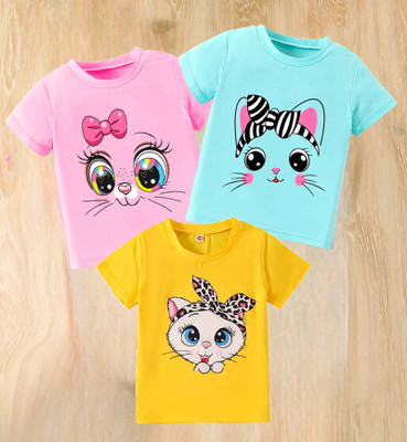 PY PINKYOU Girls Printed Cotton Blend Regular T Shirt(Multicolor, Pack of 3)