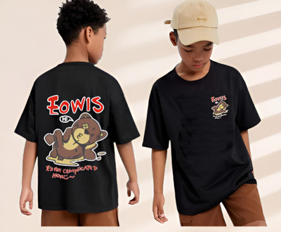 Show In Style Boys Printed Pure Cotton Oversized T Shirt(Black, Pack of 1)