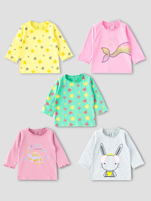 YUV Baby Girls Printed Pure Cotton Regular T Shirt(Multicolor, Pack of 5)