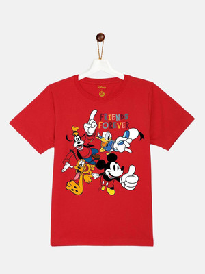 YK Disney Boys Graphic Print Pure Cotton Regular T Shirt(Red, Pack of 1)