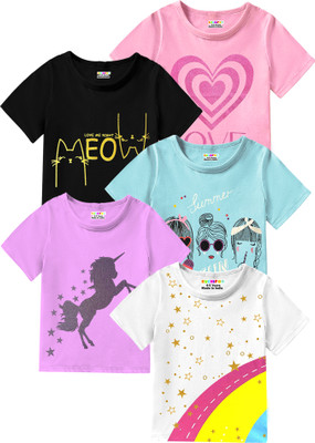 Kuchipoo Girls Printed Cotton Blend Regular T Shirt(Multicolor, Pack of 5)
