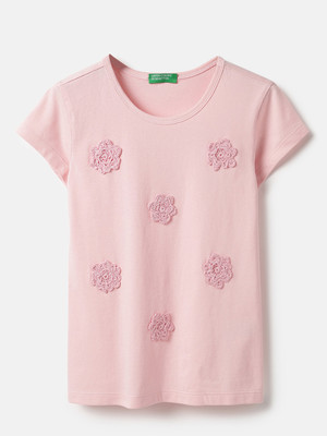 United Colors of Benetton Baby Girls Embroidered Pure Cotton Regular T Shirt(Pink, Pack of 1)