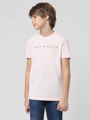 Jack & Jones Junior Boys Typography Cotton Blend Regular T Shirt(Pink, Pack of 1)
