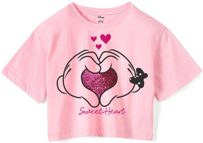WYM TREND Girls Printed Pure Cotton Regular T Shirt(Pink, Pack of 1)
