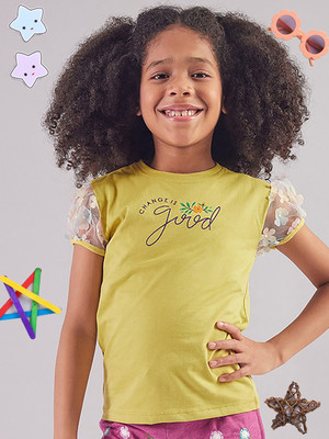 PAMPOLINA Girls Printed Cotton Blend Regular T Shirt(Purple, Pack of 1)