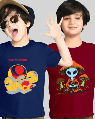 ENITOR Boys Printed Cotton Blend Regular T Shirt(Blue, Maroon, Pack of 2)