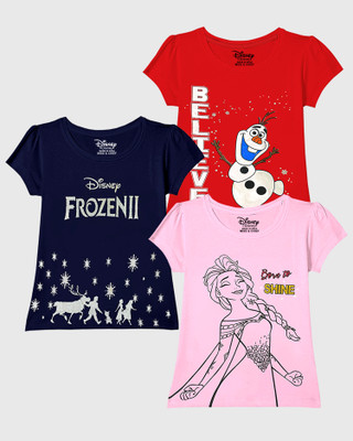 DISNEY BY MISS & CHIEF Girls Graphic Print Cotton Blend Regular T Shirt(Multicolor, Pack of 3)