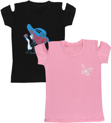 EyeWater Girls Printed Cotton Blend Regular T Shirt(Pink, Pack of 2)