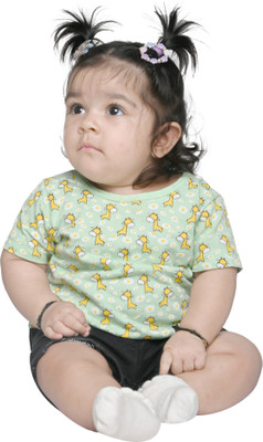 stylestorm Baby Girls Printed Cotton Blend Regular T Shirt(Green, Pack of 1)