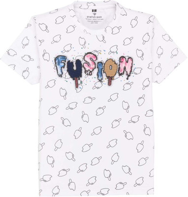 Status Quo Boys Printed Cotton Blend Regular T Shirt(White, Pack of 1)