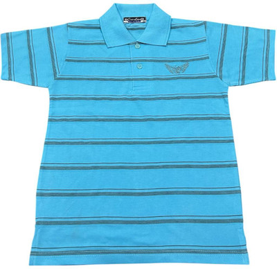 Carlos Boys Striped Cotton Blend Regular T Shirt(Blue, Pack of 1)