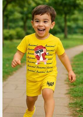 Sattitude Boys & Girls Printed Cotton Blend Regular T Shirt(Yellow, Pack of 1)