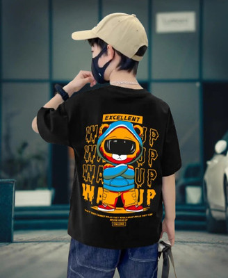 BuckleMen Boys Printed Pure Cotton Oversized T Shirt(Black, Pack of 1)