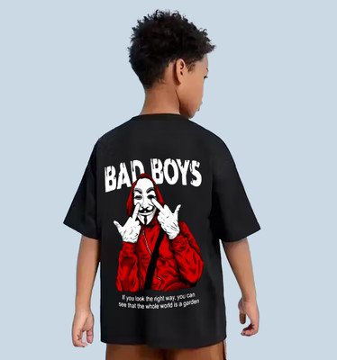 HIPHOPFASHION Boys Printed Cotton Blend Oversized T Shirt(Black, Pack of 1)