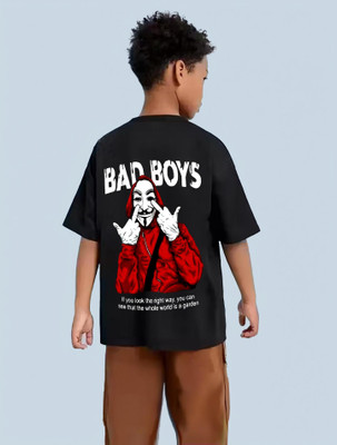 HIPHOPFASHION Boys Printed Cotton Blend Oversized T Shirt(Black, Pack of 1)