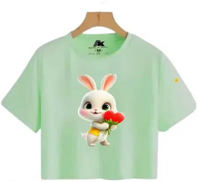 Wearax Girls Printed Cotton Blend Regular T Shirt(Green, Pack of 1)