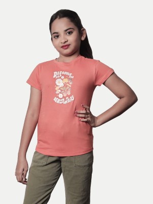 radprix Girls Typography, Floral Print Pure Cotton T Shirt(Orange, Pack of 1)
