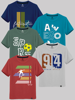 Raax Boys Printed Pure Cotton Regular T Shirt(Multicolor, Pack of 5)