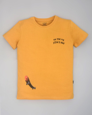 YOUMAA FAB Boys Printed Pure Cotton Regular T Shirt(Yellow, Pack of 1)