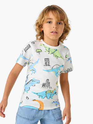 JUNIORS by Babyshop Boys Printed Pure Cotton Regular T Shirt(White, Pack of 1)