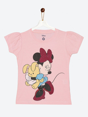 YK Disney Girls Printed Cotton Blend Regular T Shirt(Pink, Pack of 1)