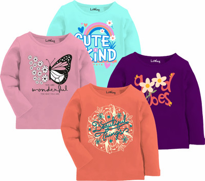 Litway Girls Printed Pure Cotton Regular T Shirt(Multicolor, Pack of 4)