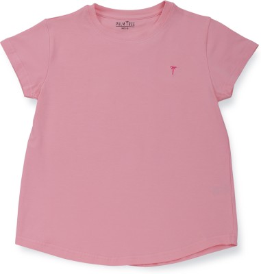 Palm Tree Girls Solid Cotton Blend T Shirt(Pink, Pack of 1)