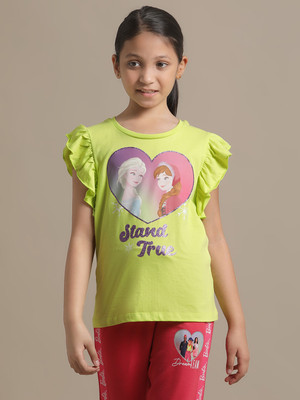 kidsville Girls Graphic Print Cotton Blend Regular T Shirt(Yellow, Pack of 1)