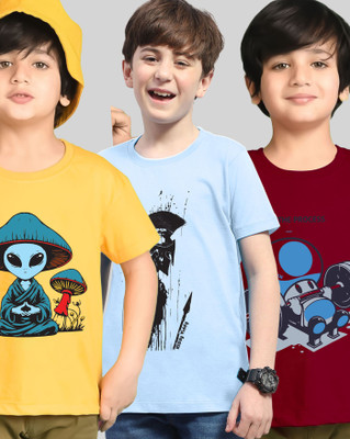 AOOSH Boys Graphic Print Cotton Blend Regular T Shirt(Multicolor, Pack of 3)
