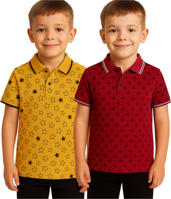 EyeWater Boys Printed Cotton Blend Regular T Shirt(Yellow, Pack of 2)