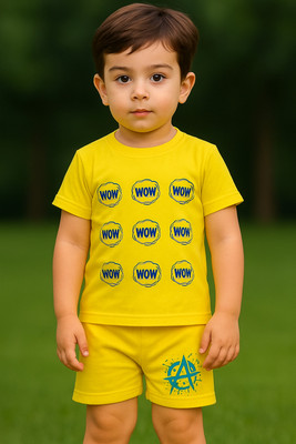 Sattitude Boys Printed Cotton Blend Regular T Shirt(Yellow, Pack of 1)