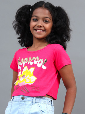 Under Fourteen Only Girls Solid Pure Cotton Regular T Shirt(Pink, Pack of 1)